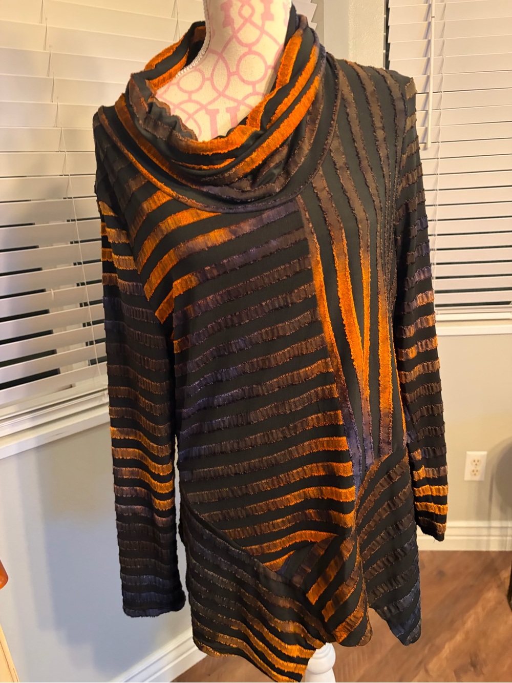 Women's Black and Orange Striped Cowl Neck Sweater